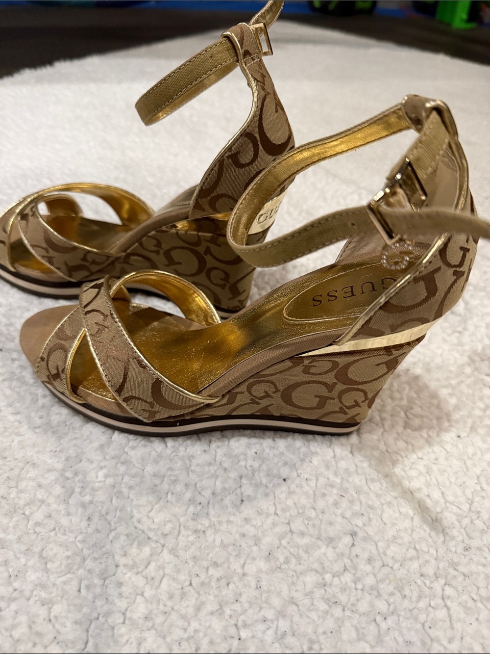 Guess Tan Logo Print Wedge Sandals with Ankle Strap